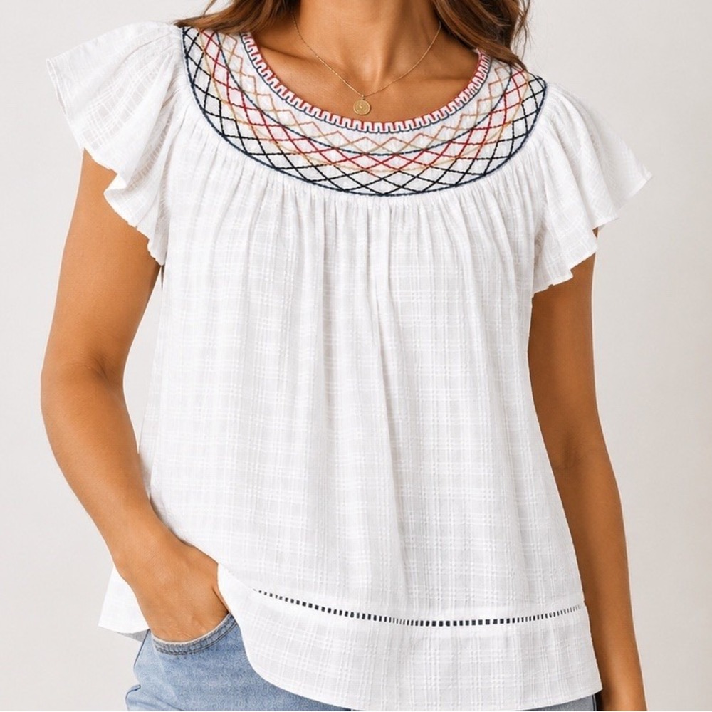 White Embroidered Flutter Sleeve Boho Peasant Top Smocked My Danielle